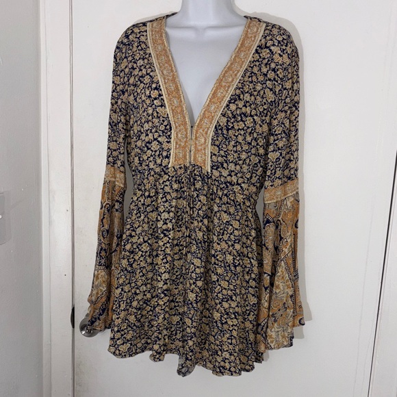 Free People Pants - Free People Navy and Mustard Floral V-Neck Romper